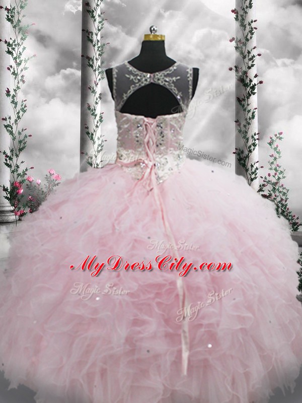 Inexpensive Beading and Ruffles Vestidos de Quinceanera Baby Pink Lace Up Sleeveless Floor Length