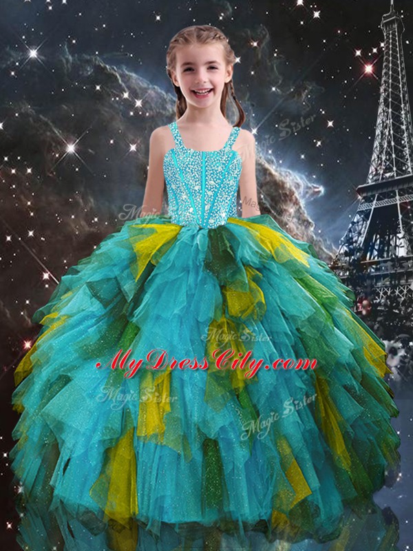 Aqua Blue Kids Pageant Dress Quinceanera and Wedding Party with Beading and Ruffles Straps Short Sleeves Lace Up