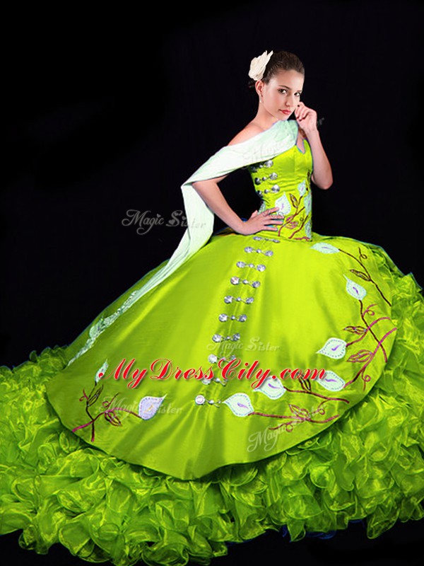 Discount Lace Up Quinceanera Dress Yellow Green for Military Ball and Sweet 16 and Quinceanera with Embroidery and Ruffles Brush Train