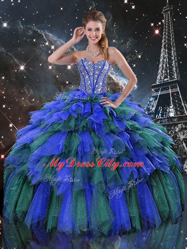 Delicate Beading and Ruffles and Ruffled Layers Vestidos de Quinceanera Multi-color Lace Up Sleeveless Floor Length