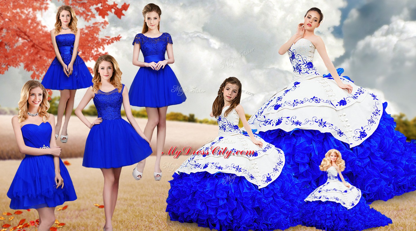 Royal Blue Strapless Lace Up Embroidery and Ruffles Sweet 16 Dress Brush Train Sleeveless