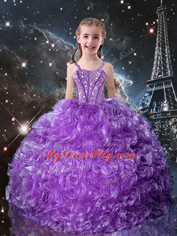 Discount Straps Sleeveless Kids Pageant Dress Floor Length Beading and Ruffles Eggplant Purple Organza