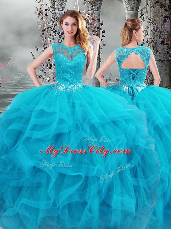 Fashionable Scoop Sleeveless Sweet 16 Dresses Floor Length Beading and Ruffles Baby Blue Tulle