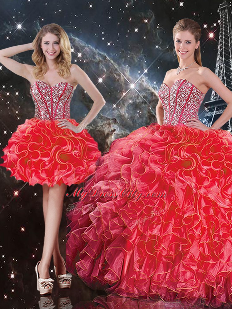 Discount Coral Red Sweetheart Lace Up Beading and Ruffles Quinceanera Dress Sleeveless