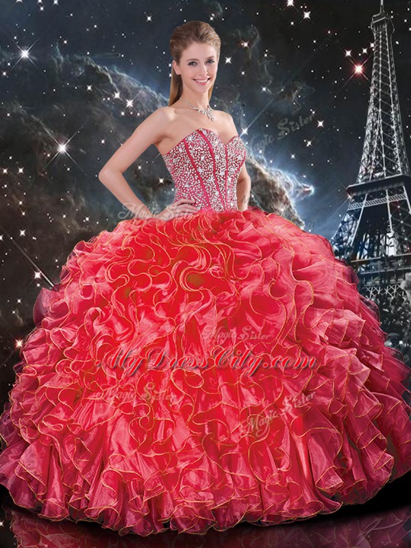 Discount Coral Red Sweetheart Lace Up Beading and Ruffles Quinceanera Dress Sleeveless