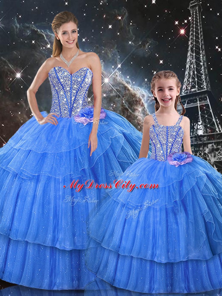 Most Popular Baby Blue Organza and Tulle Lace Up Sweetheart Sleeveless Floor Length Quinceanera Dress Ruffled Layers