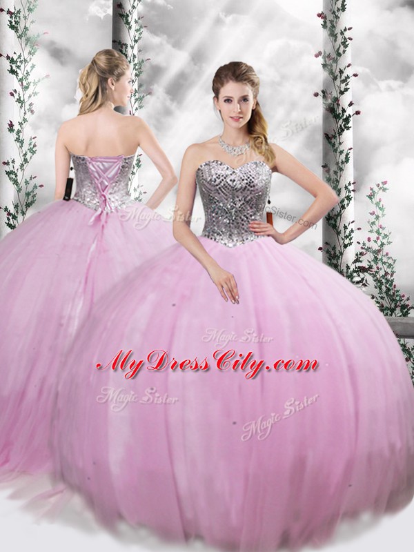 Delicate Beading Sweet 16 Dresses Lilac Lace Up Sleeveless Brush Train