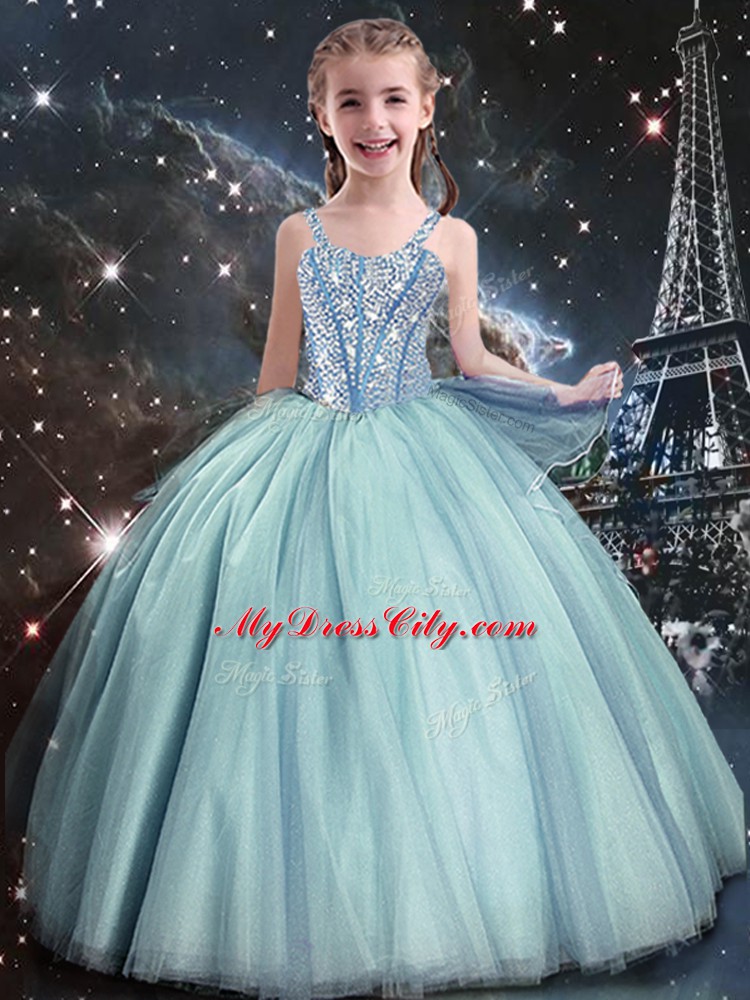 Superior Teal Straps Neckline Beading Kids Pageant Dress Sleeveless Lace Up