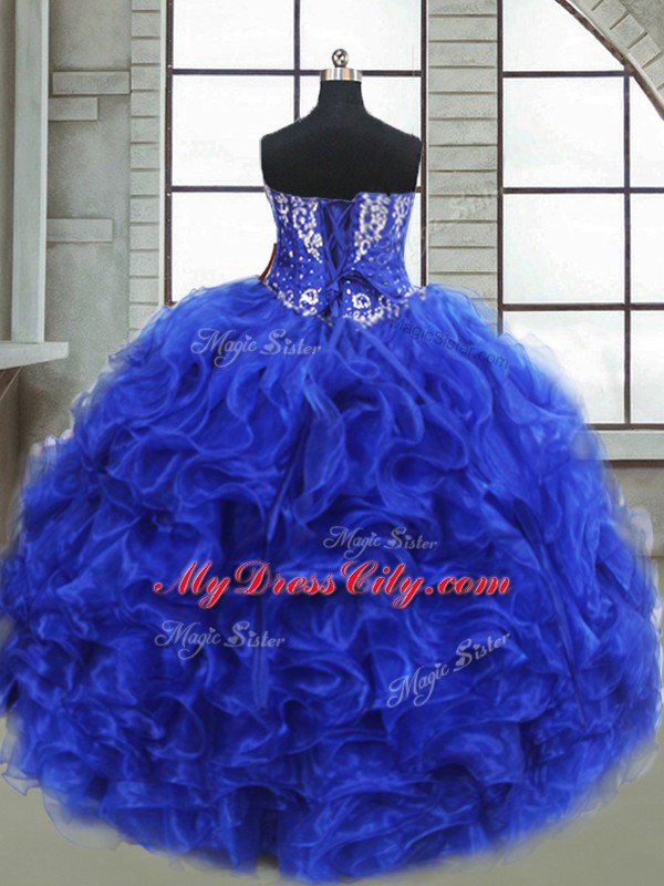 Designer Floor Length Royal Blue 15th Birthday Dress Sweetheart Sleeveless Lace Up