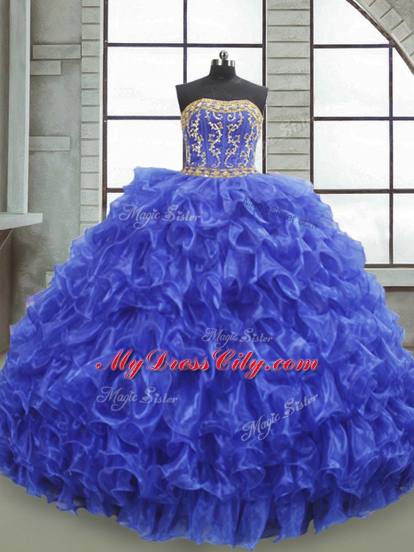 Most Popular Organza Sleeveless Floor Length Sweet 16 Quinceanera Dress and Beading and Appliques and Ruffles