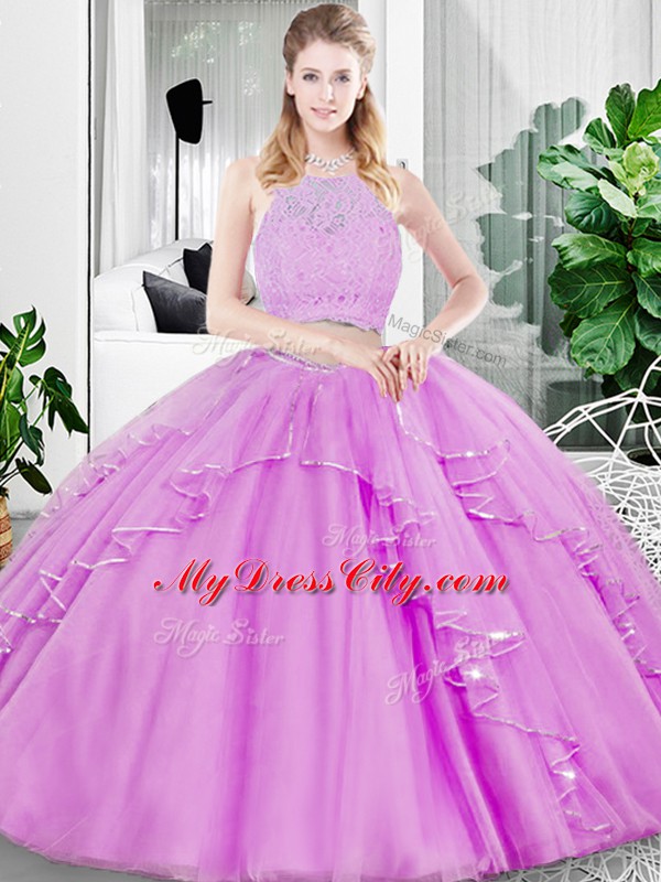 Traditional Lilac Zipper Scoop Lace and Ruffled Layers Vestidos de Quinceanera Tulle Sleeveless