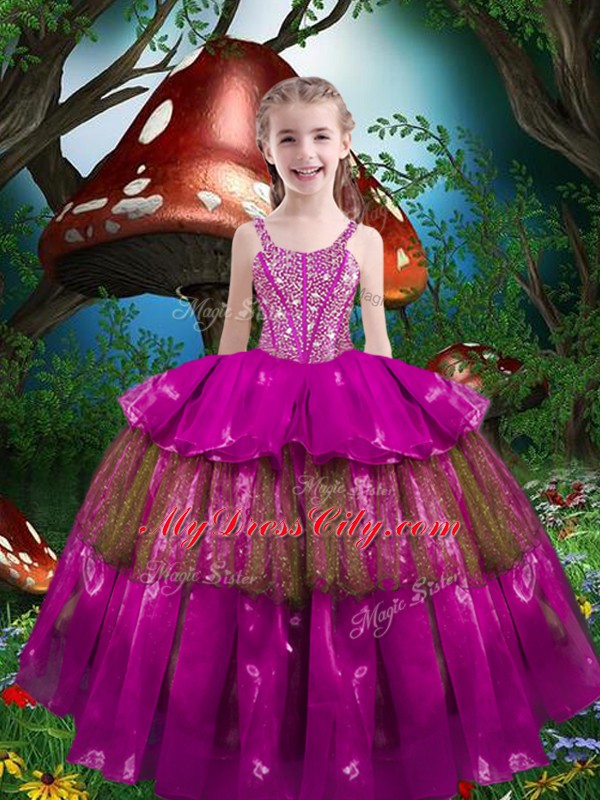 Dramatic Fuchsia Sleeveless Organza Lace Up Girls Pageant Dresses for Quinceanera and Wedding Party