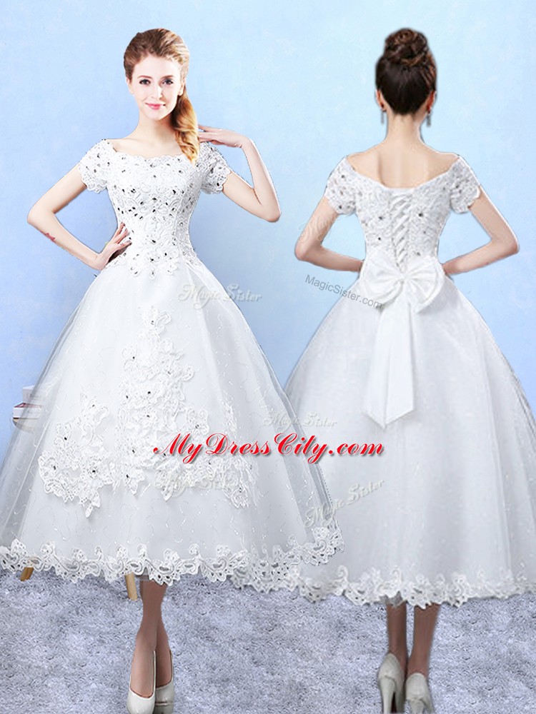Deluxe White Scoop Lace Up Beading and Lace and Bowknot Quinceanera Court of Honor Dress Short Sleeves