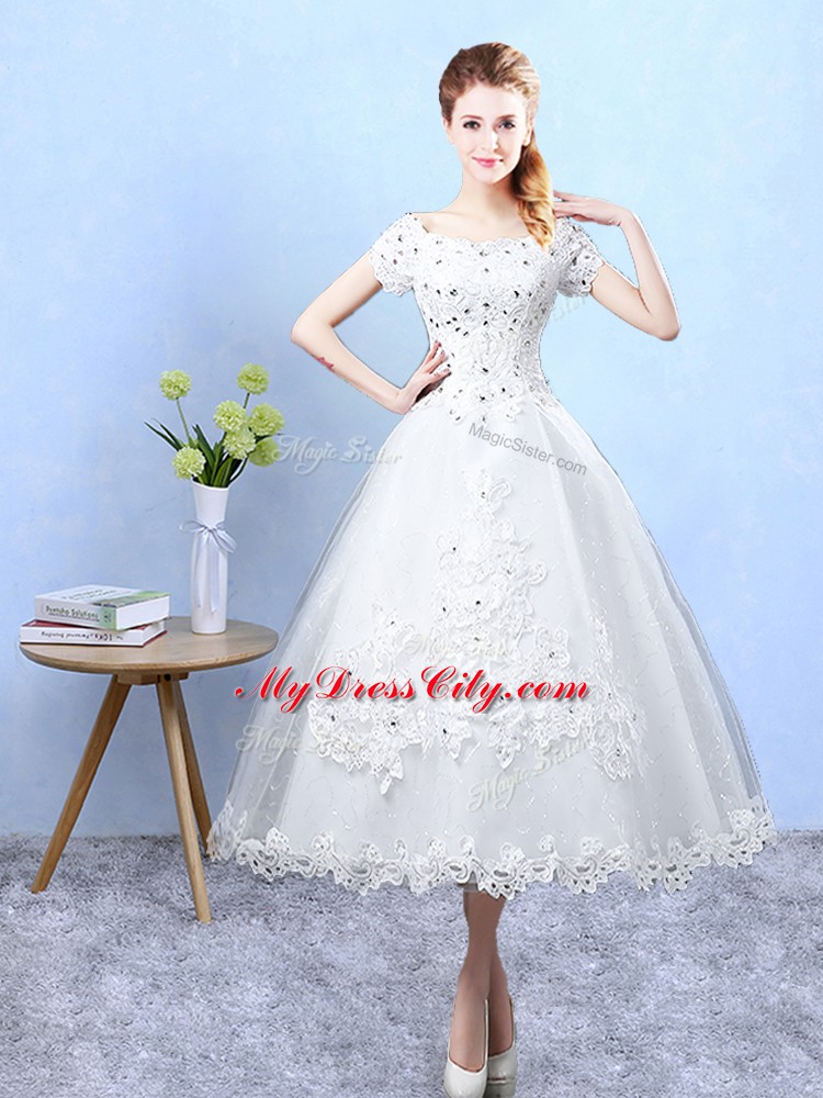 Deluxe White Scoop Lace Up Beading and Lace and Bowknot Quinceanera Court of Honor Dress Short Sleeves