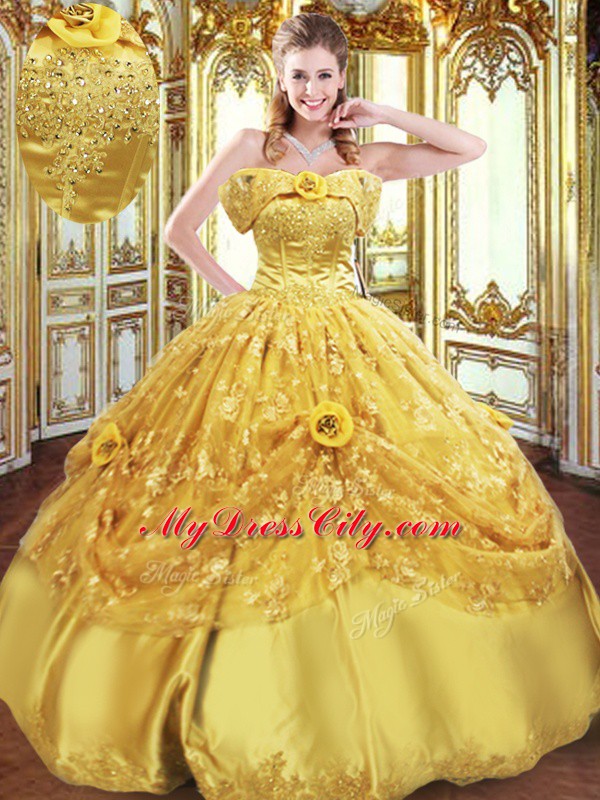 Floor Length Lace Up Quinceanera Dress Gold for Military Ball and Sweet 16 and Quinceanera with Beading and Appliques and Hand Made Flower