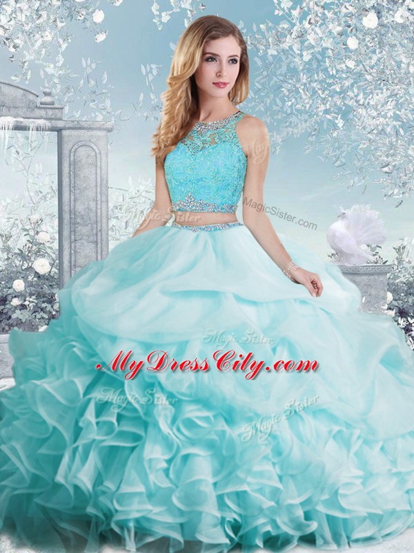 Wonderful Floor Length Aqua Blue Sweet 16 Dresses Organza Sleeveless Beading and Ruffles and Pick Ups