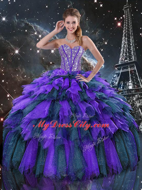Modest Multi-color Sleeveless Beading and Ruffles and Ruffled Layers Floor Length 15 Quinceanera Dress
