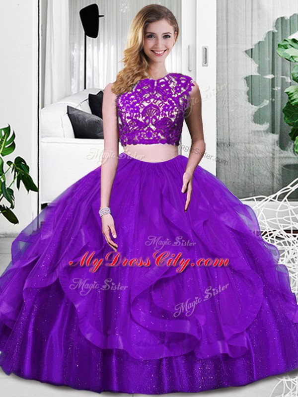 Smart Purple Two Pieces Tulle Scoop Sleeveless Lace and Ruffles Floor Length Zipper 15 Quinceanera Dress