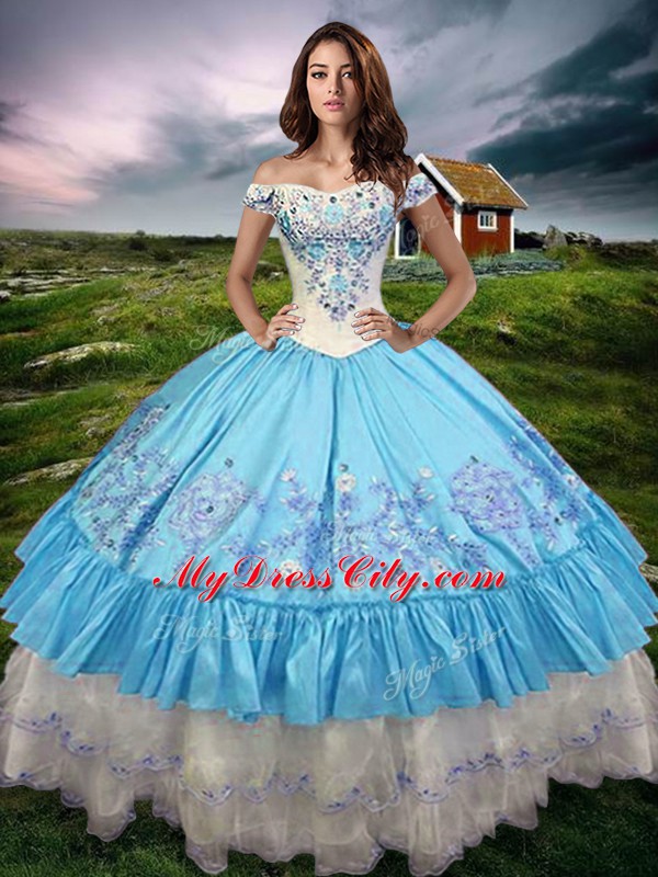 Deluxe Floor Length Baby Blue Sweet 16 Dress Off The Shoulder Sleeveless Lace Up