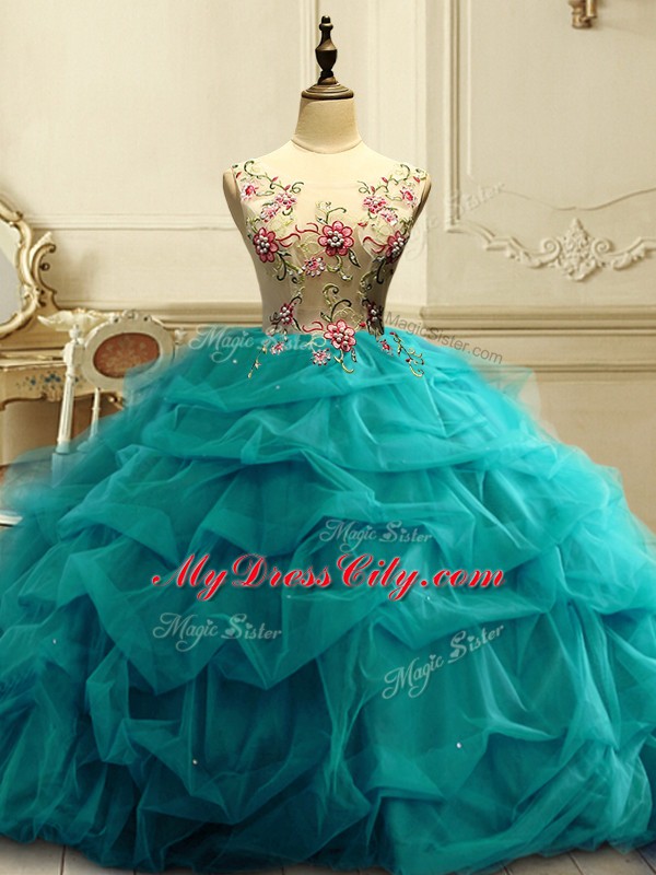 Delicate Organza Scoop Sleeveless Lace Up Appliques and Ruffles and Sequins Sweet 16 Dresses in Teal
