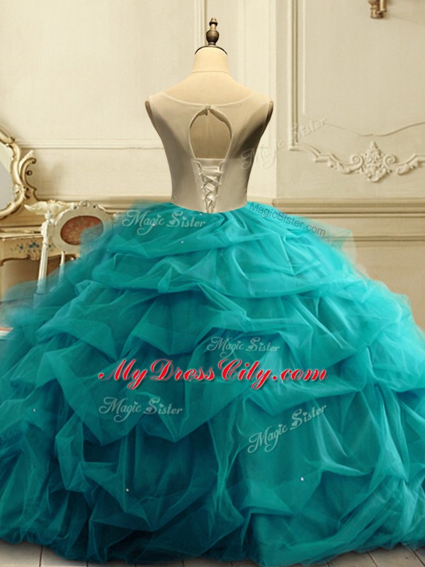 Delicate Organza Scoop Sleeveless Lace Up Appliques and Ruffles and Sequins Sweet 16 Dresses in Teal