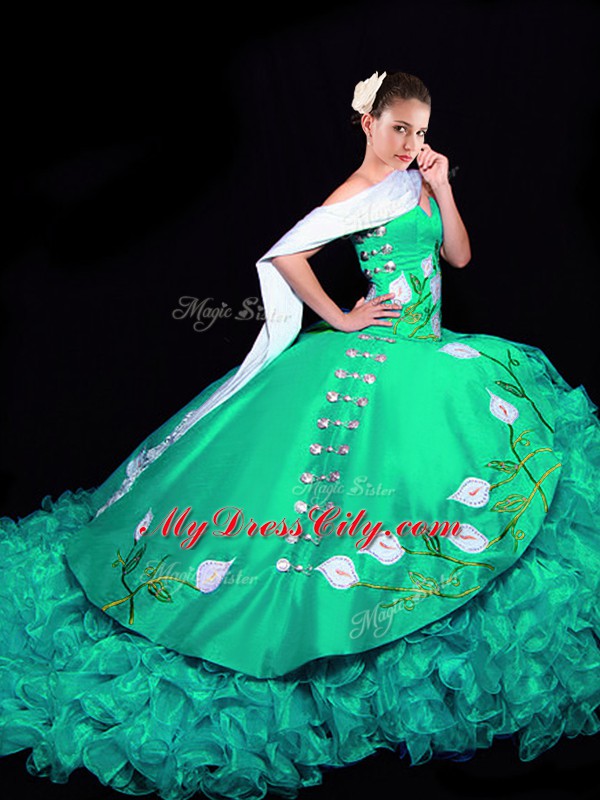 Deluxe Turquoise Lace Up Quince Ball Gowns Embroidery and Ruffles Sleeveless Brush Train