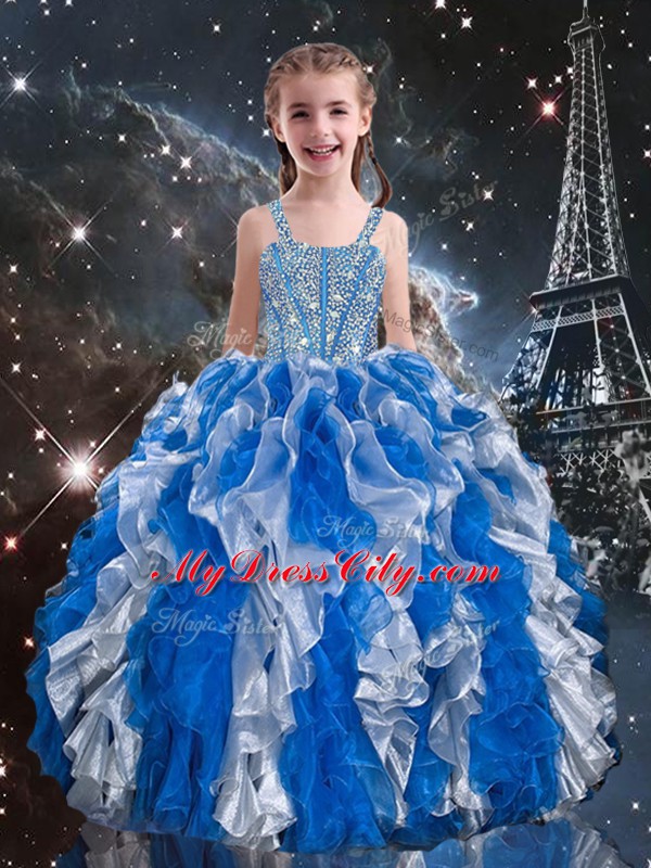 Dramatic Straps Sleeveless Organza Teens Party Dress Beading and Ruffles Lace Up