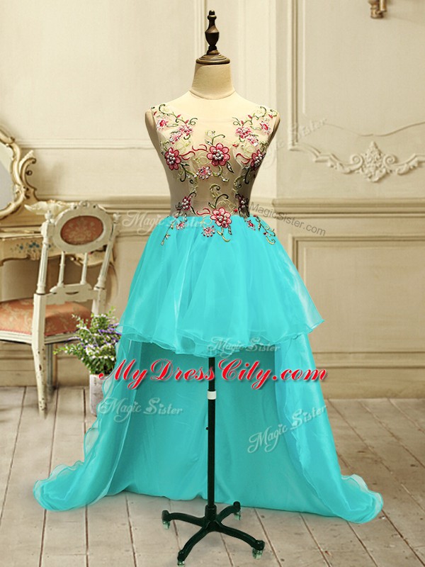 Custom Design High Low Ball Gowns Sleeveless Aqua Blue Prom Evening Gown Lace Up