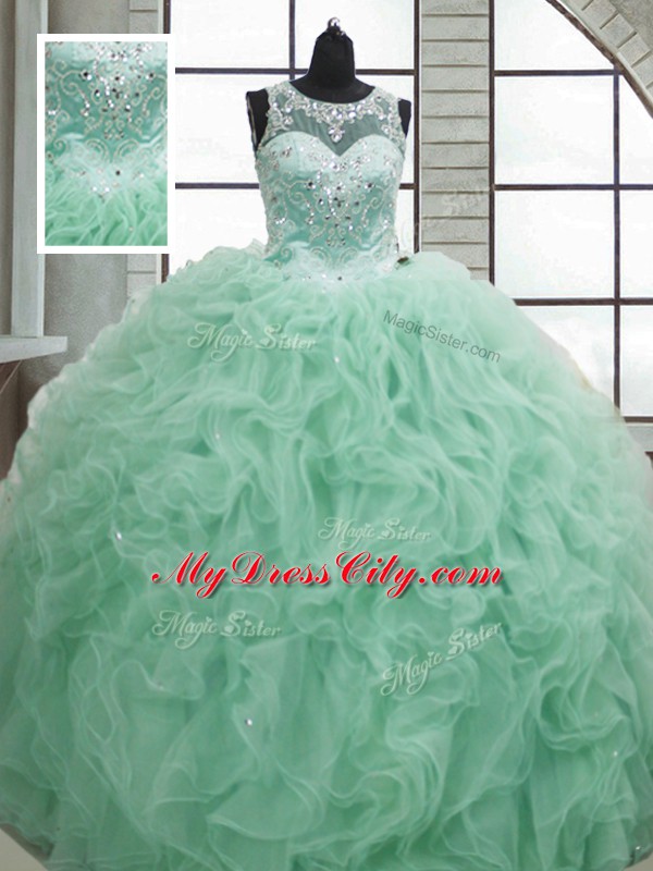 Flirting Apple Green Ball Gowns Beading and Ruffles Quince Ball Gowns Lace Up Organza Sleeveless Floor Length