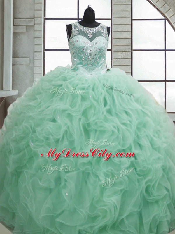 Flirting Apple Green Ball Gowns Beading and Ruffles Quince Ball Gowns Lace Up Organza Sleeveless Floor Length