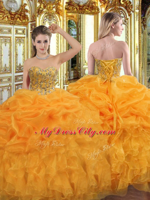 Exceptional Orange Lace Up 15 Quinceanera Dress Beading and Ruffles Sleeveless Floor Length