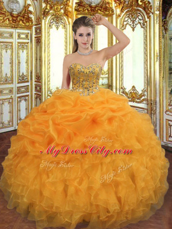 Exceptional Orange Lace Up 15 Quinceanera Dress Beading and Ruffles Sleeveless Floor Length