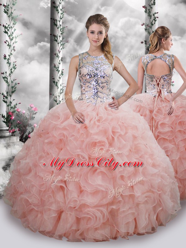 Scoop Sleeveless Organza Sweet 16 Quinceanera Dress Beading and Ruffles Lace Up