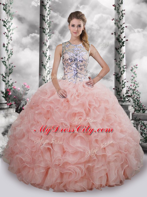 Scoop Sleeveless Organza Sweet 16 Quinceanera Dress Beading and Ruffles Lace Up