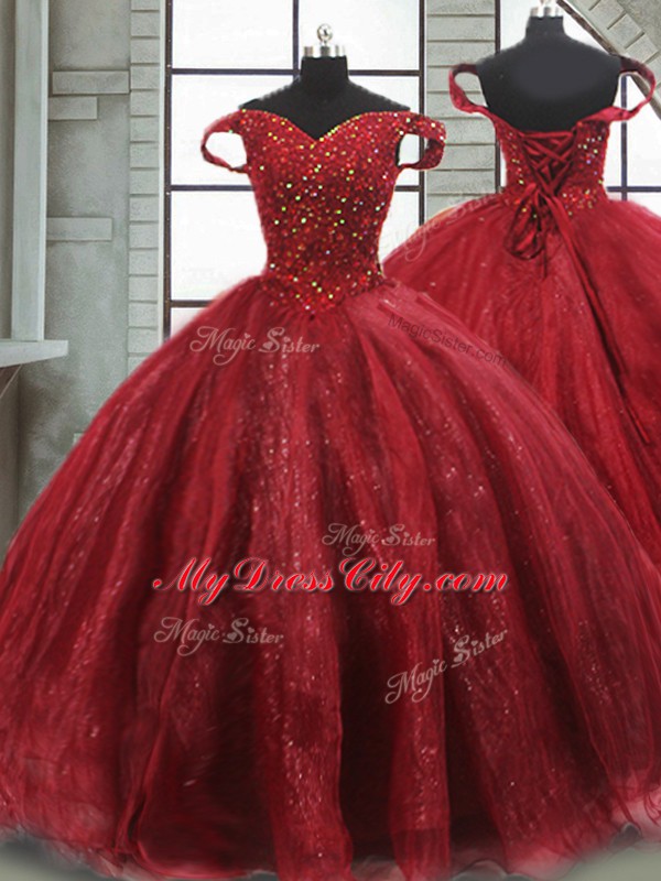 Noble Off The Shoulder Sleeveless Quinceanera Dress Brush Train Beading Wine Red Tulle
