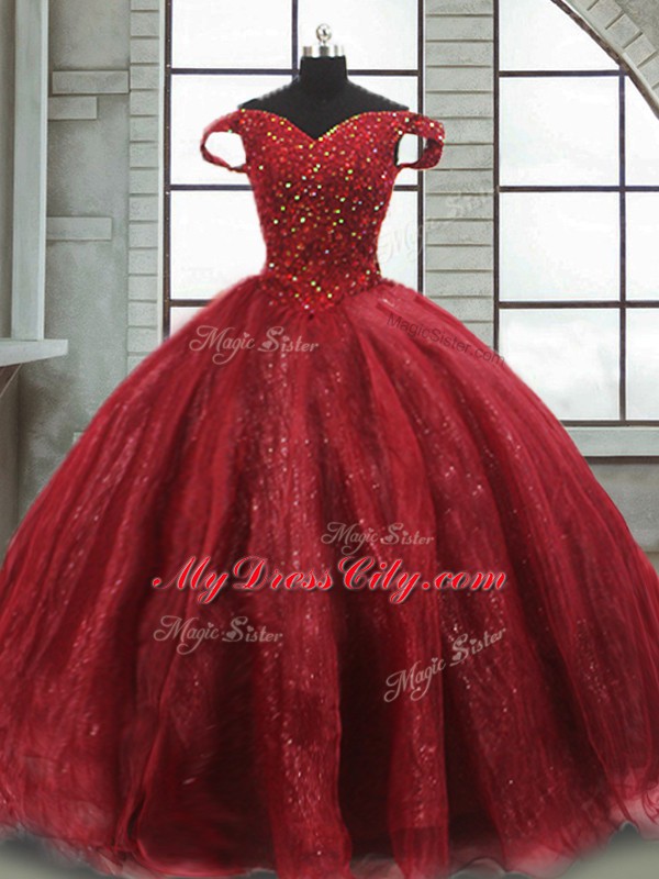 Noble Off The Shoulder Sleeveless Quinceanera Dress Brush Train Beading Wine Red Tulle