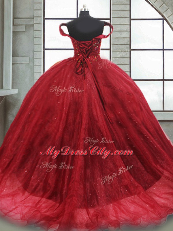 Noble Off The Shoulder Sleeveless Quinceanera Dress Brush Train Beading Wine Red Tulle