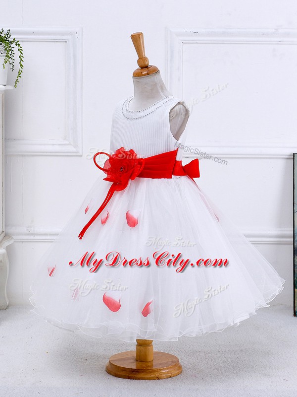 White Ball Gowns Tulle Scoop Sleeveless Hand Made Flower Tea Length Lace Up Kids Formal Wear