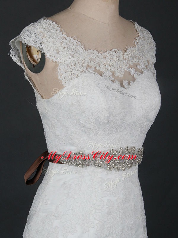 Sleeveless Brush Train Beading and Lace Clasp Handle Wedding Gown