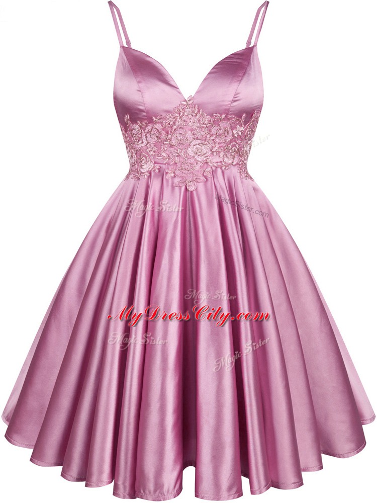Lilac A-line Spaghetti Straps Sleeveless Elastic Woven Satin Knee Length Lace Up Lace Quinceanera Court Dresses