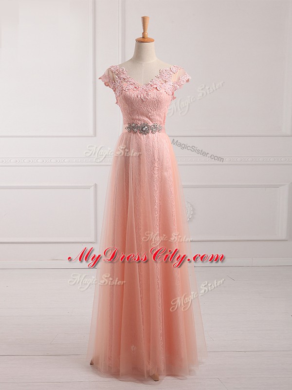 Cheap Tulle and Lace Short Sleeves Floor Length Mother of the Bride Dress and Beading and Lace and Appliques