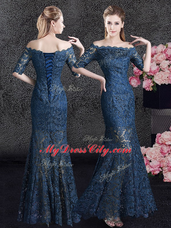 Admirable Off the Shoulder Navy Blue Mermaid Lace Mother Dresses Lace Up Lace Half Sleeves Floor Length