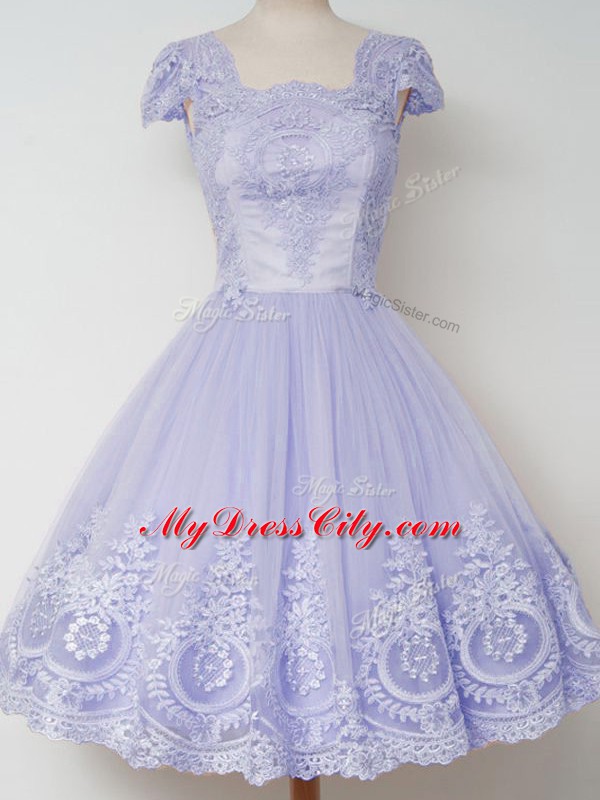 Inexpensive Tulle Cap Sleeves Knee Length Vestidos de Damas and Lace