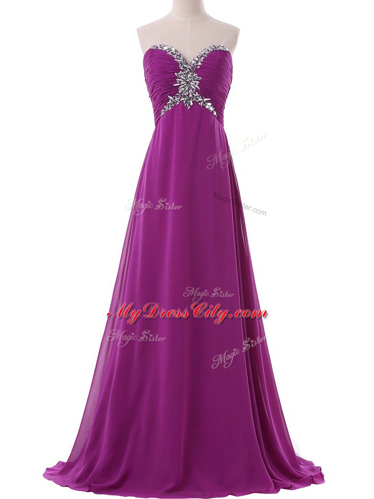 Ideal Sweetheart Sleeveless Dress for Prom Brush Train Beading and Ruching Eggplant Purple Chiffon