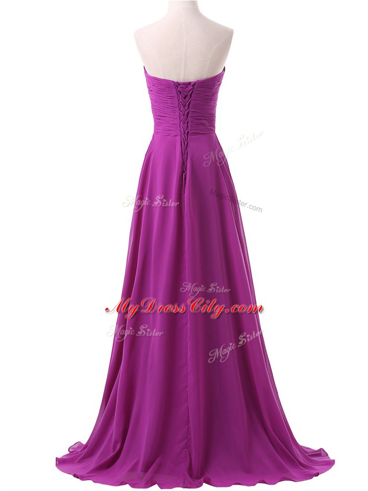 Ideal Sweetheart Sleeveless Dress for Prom Brush Train Beading and Ruching Eggplant Purple Chiffon