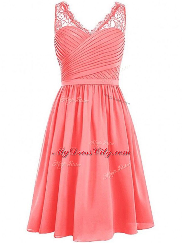 Watermelon Red Empire Lace and Ruching Quinceanera Court of Honor Dress Side Zipper Chiffon Sleeveless Knee Length