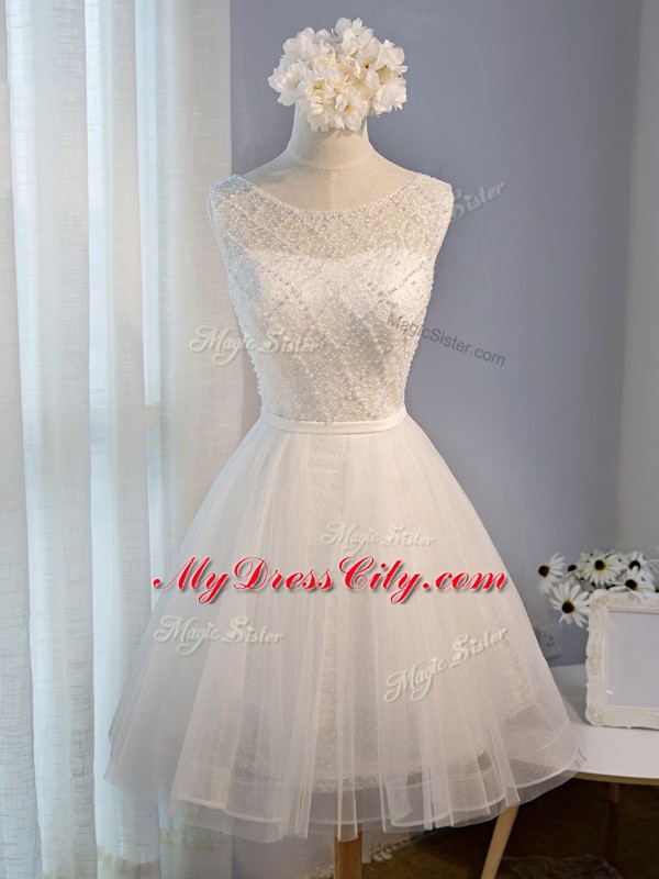 Scoop Sleeveless Lace Up Prom Party Dress White Tulle
