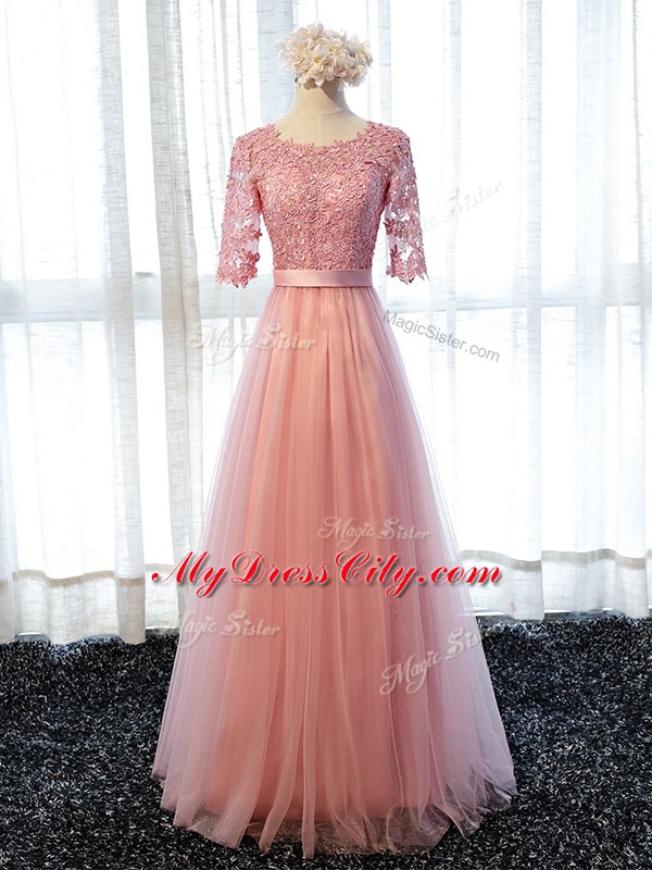 Pink Empire Tulle Scoop Half Sleeves Lace Floor Length Lace Up Quinceanera Court Dresses