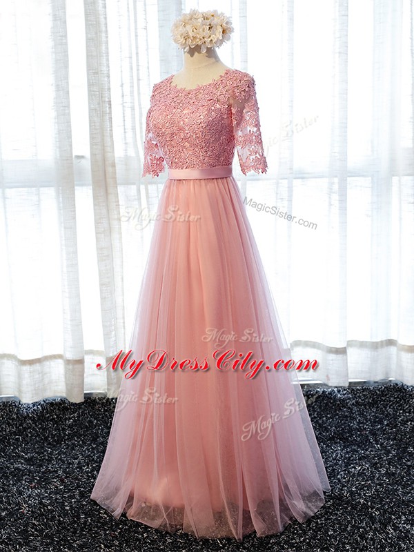 Pink Empire Tulle Scoop Half Sleeves Lace Floor Length Lace Up Quinceanera Court Dresses