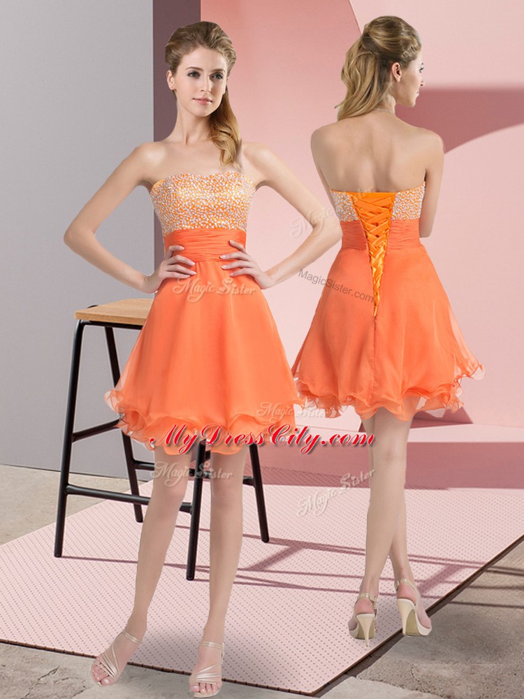 Best Orange Lace Up Prom Dresses Beading and Ruffled Layers and Ruching Sleeveless Mini Length